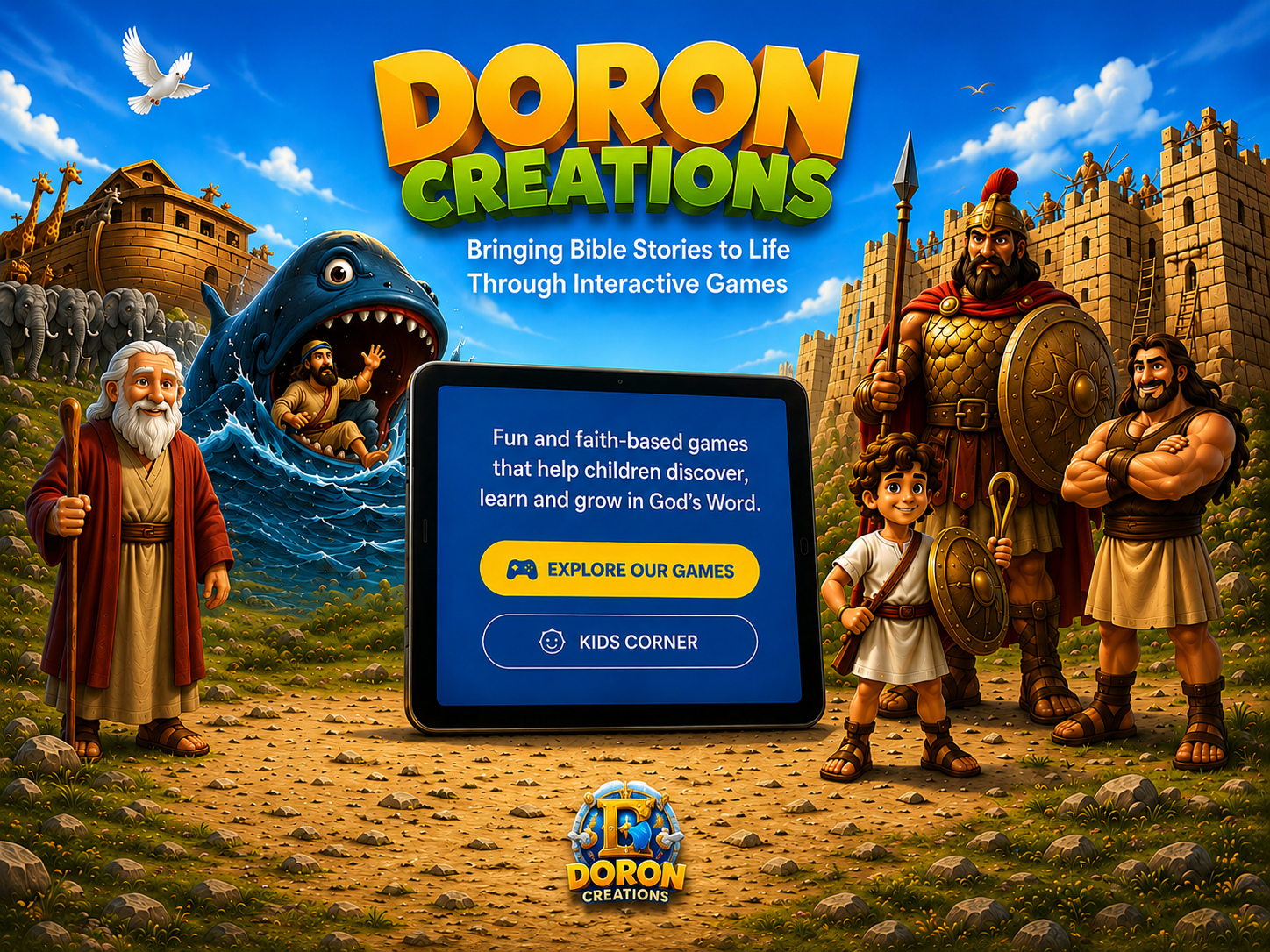 Doron Creations Bible game characters, Jonah and the fish, Noah, David, Samson, Goliath, Ark and Jericho fortress